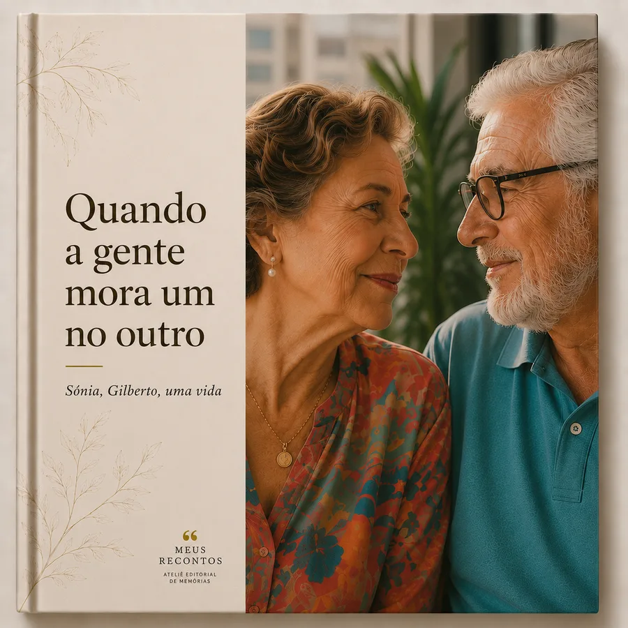 Livro Meus Recontos de capa dura “Quando a gente mora um no outro — Sónia, Gilberto, uma vida”, com a fotografia de um casal se olhando