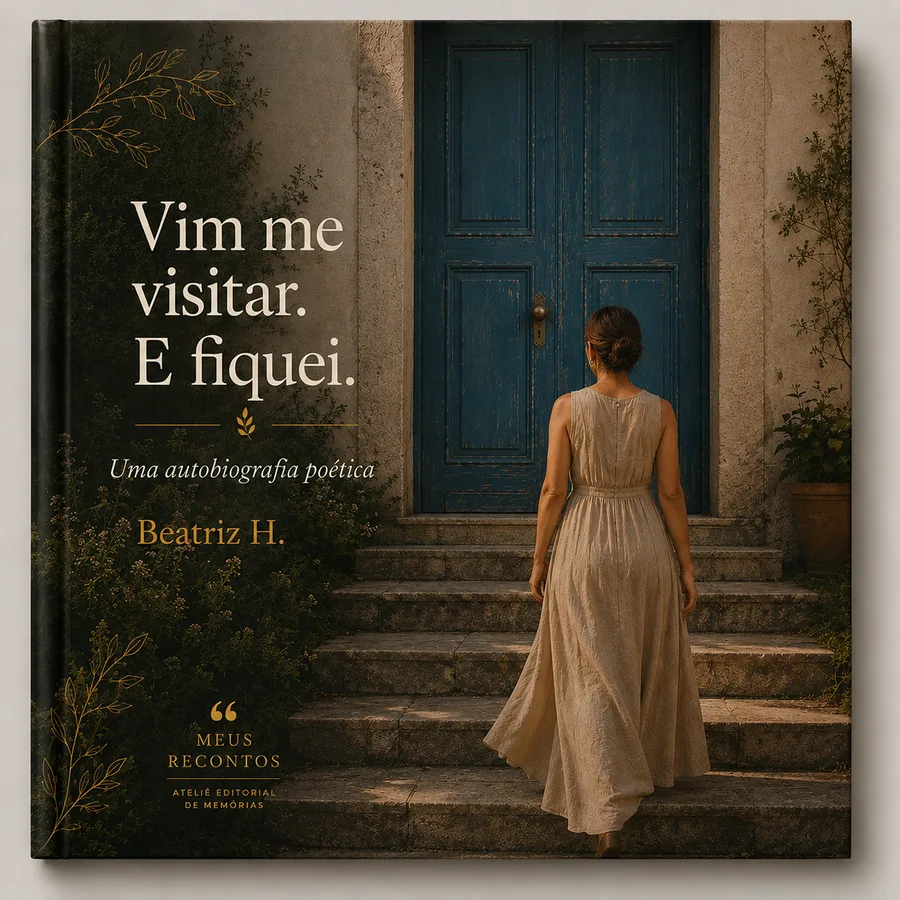 Livro Meus Recontos de capa dura: “Vim me visitar. E fiquei.”, uma autobiografia poética de Beatriz H., com a fotografia de uma mulher diante de uma porta azul