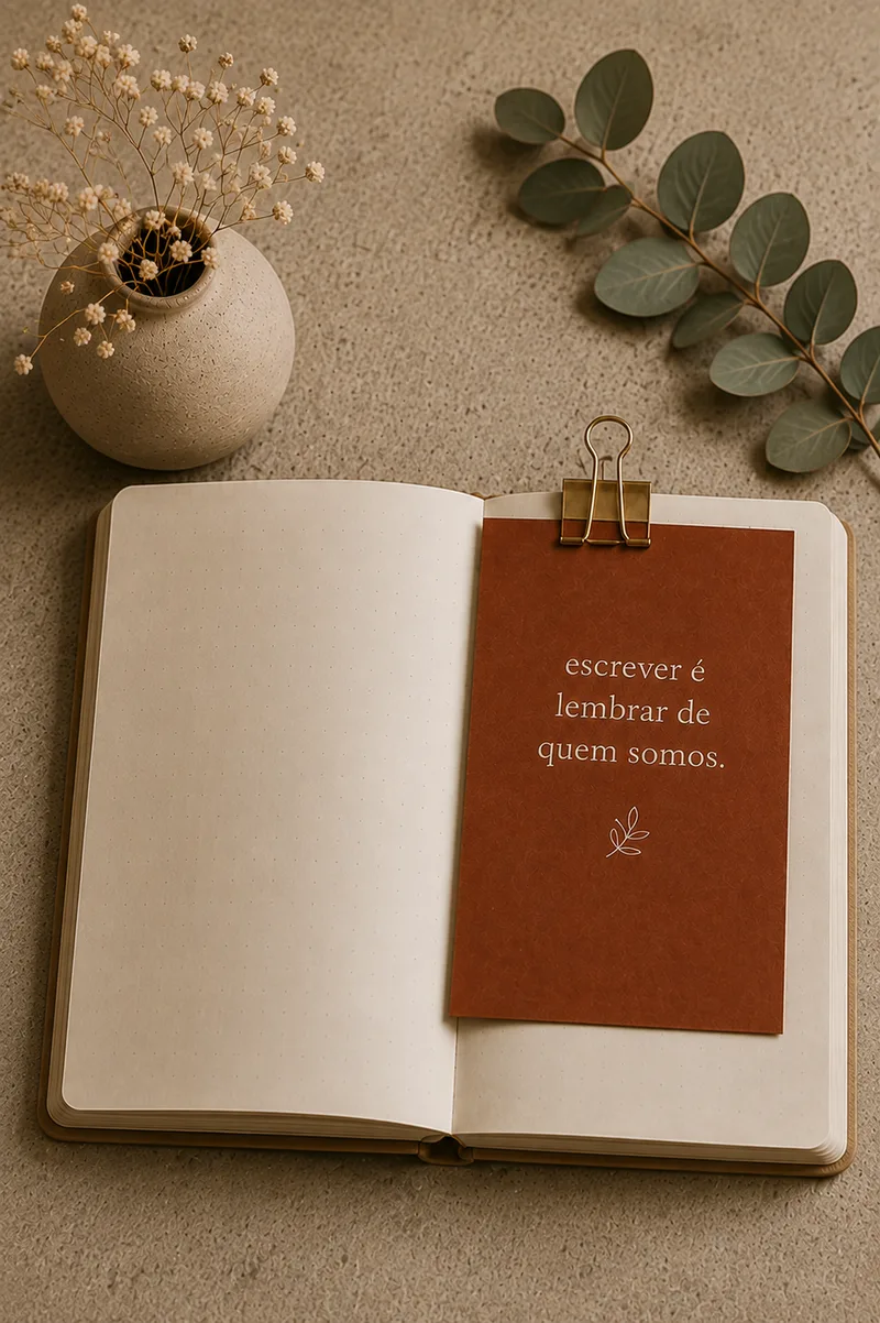 Caderno pontilhado aberto com um cartão terracota preso por clipe dourado — “escrever é lembrar de quem somos” — ao lado de um vaso de flores secas e um ramo de eucalipto